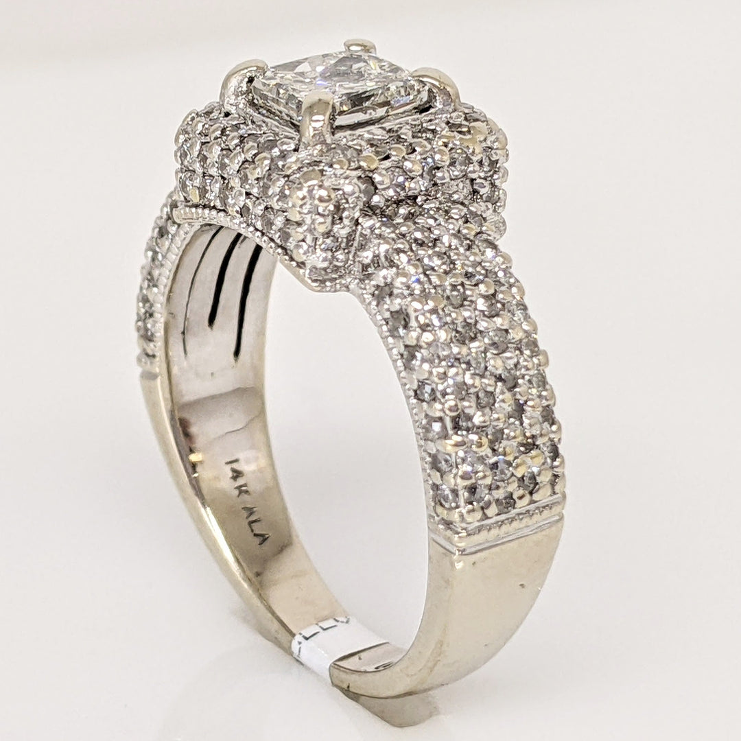 14K WHITE 1.45 CARAT TOTAL WEIGHT I1 J DIAMOND PRINCESS CUT WITH (148) ROUND ESTATE RING 5.8 GRAMS