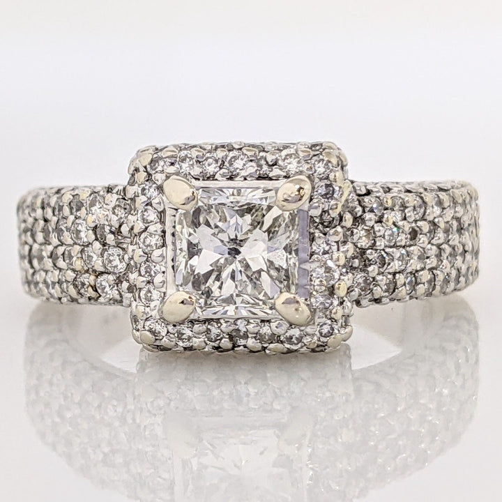 14K WHITE 1.45 CARAT TOTAL WEIGHT I1 J DIAMOND PRINCESS CUT WITH (148) ROUND ESTATE RING 5.8 GRAMS