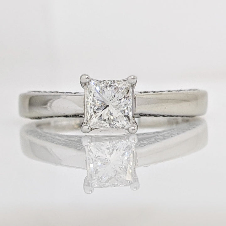 14K WHITE 1.13 CARAT TOTAL WEIGHT I1 G DIAMOND PRINCESS CUT WITH (48) ROUND MELEE ESTATE RING 4.7 GRAMS