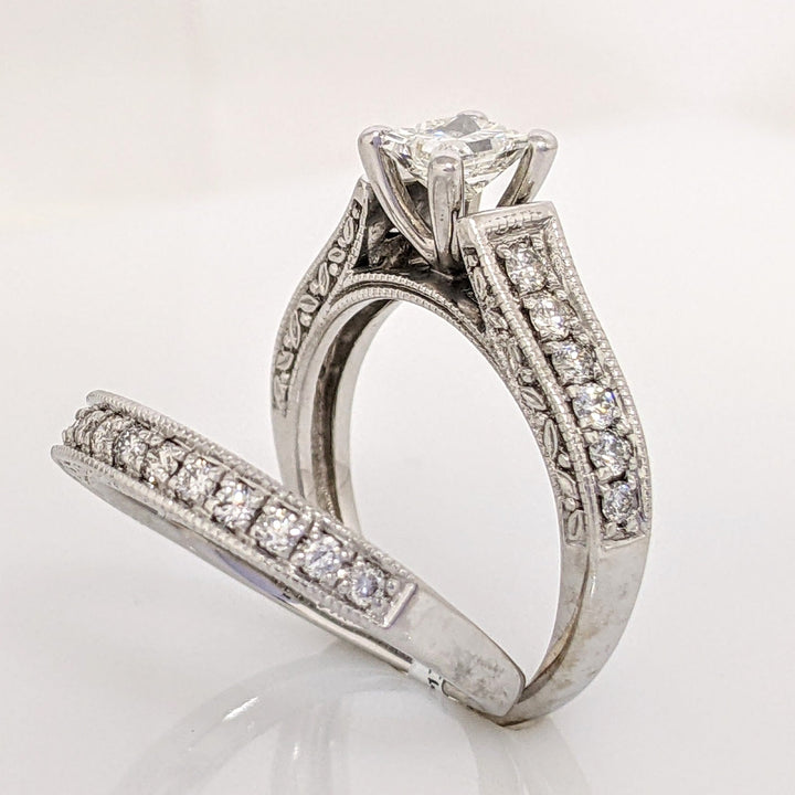 14K WHITE .95 CARAT TOTAL WEIGHT SI2 I DIAMOND PRINCESS CUT WITH (27) ROUND ESTATE RING/BAND SET 5.3 GRAMS