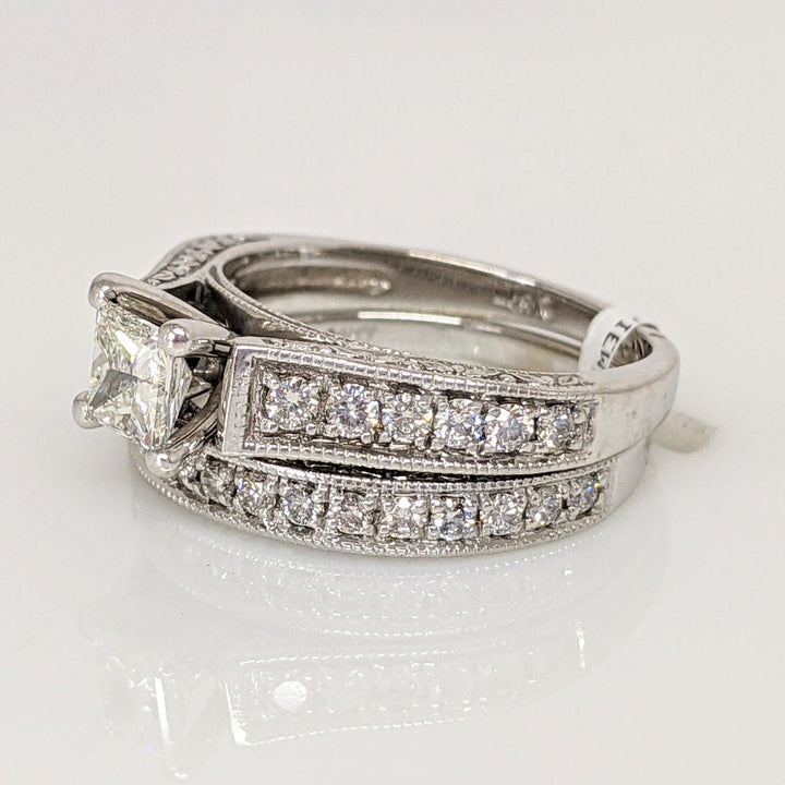 14K WHITE .95 CARAT TOTAL WEIGHT SI2 I DIAMOND PRINCESS CUT WITH (27) ROUND ESTATE RING/BAND SET 5.3 GRAMS