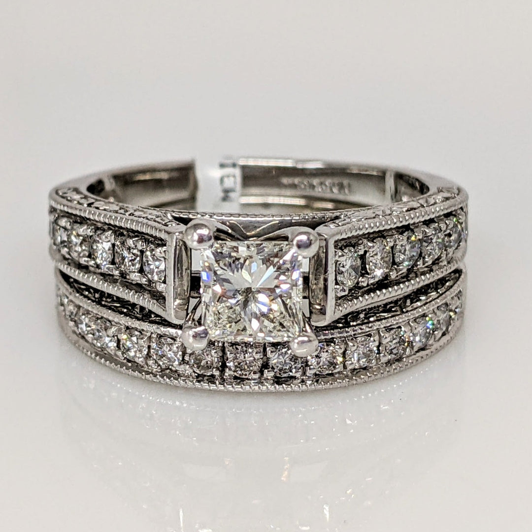 14K WHITE .95 CARAT TOTAL WEIGHT SI2 I DIAMOND PRINCESS CUT WITH (27) ROUND ESTATE RING/BAND SET 5.3 GRAMS