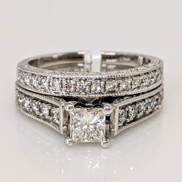 14K WHITE .95 CARAT TOTAL WEIGHT SI2 I DIAMOND PRINCESS CUT WITH (27) ROUND ESTATE RING/BAND SET 5.3 GRAMS