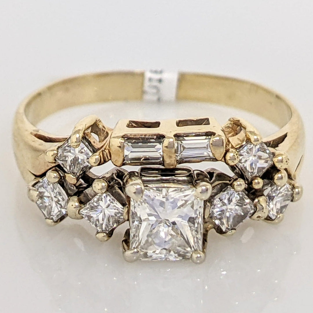 14K 1.07 CARAT TOTAL WEIGHT SI2 H DIAMOND PRINCESS CUT (7) BAGUETTES (2) ESTATE RING 3.0 GRAMS