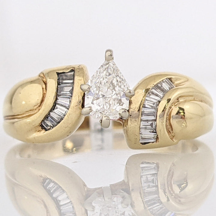 14K .33 CARAT TOTAL SI I MODIFIED PEAR DIAMOND WITH (13) BAGUETTE ESTATE RING 4.1 GRAMS