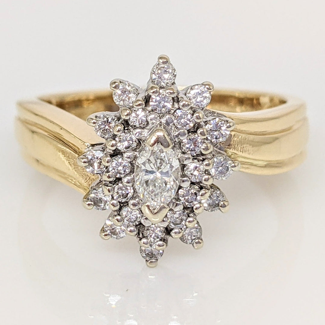 14K .63 CARAT TOTAL WEIGHT SI2 G DIAMOND MARQUISE CUT (1) ROUND (24) ESTATE CLUSTER RING 4.9 GRAMS