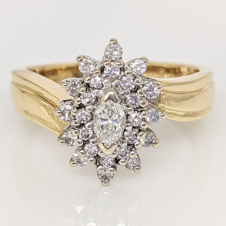 14K .63 CARAT TOTAL WEIGHT SI2 G DIAMOND MARQUISE CUT (1) ROUND (24) ESTATE CLUSTER RING 4.9 GRAMS