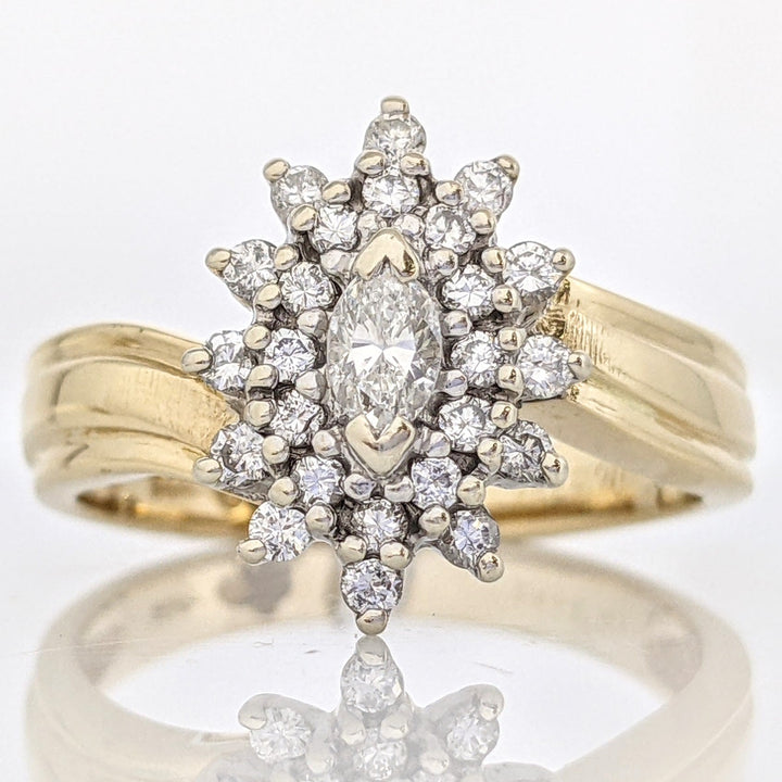 14K .63 CARAT TOTAL WEIGHT SI2 G DIAMOND MARQUISE CUT (1) ROUND (24) ESTATE CLUSTER RING 4.9 GRAMS