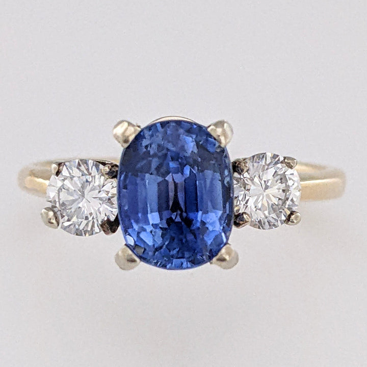 14K CEYLON SAPPHIRE "AA" CUSHION CUT 2.25 CARAT TOTAL WITH .45 DIAMOND TOTAL WEIGHT ESTATE RING 3.2 GRAMS