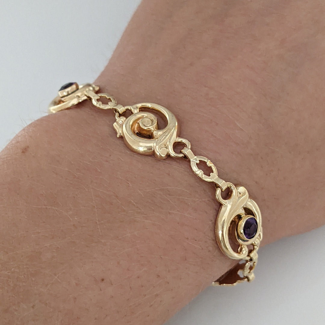 14k AMETHYST ROUND (3) BEZEL CIRCLE ESTATE BRACELET 7.8 GRAMS