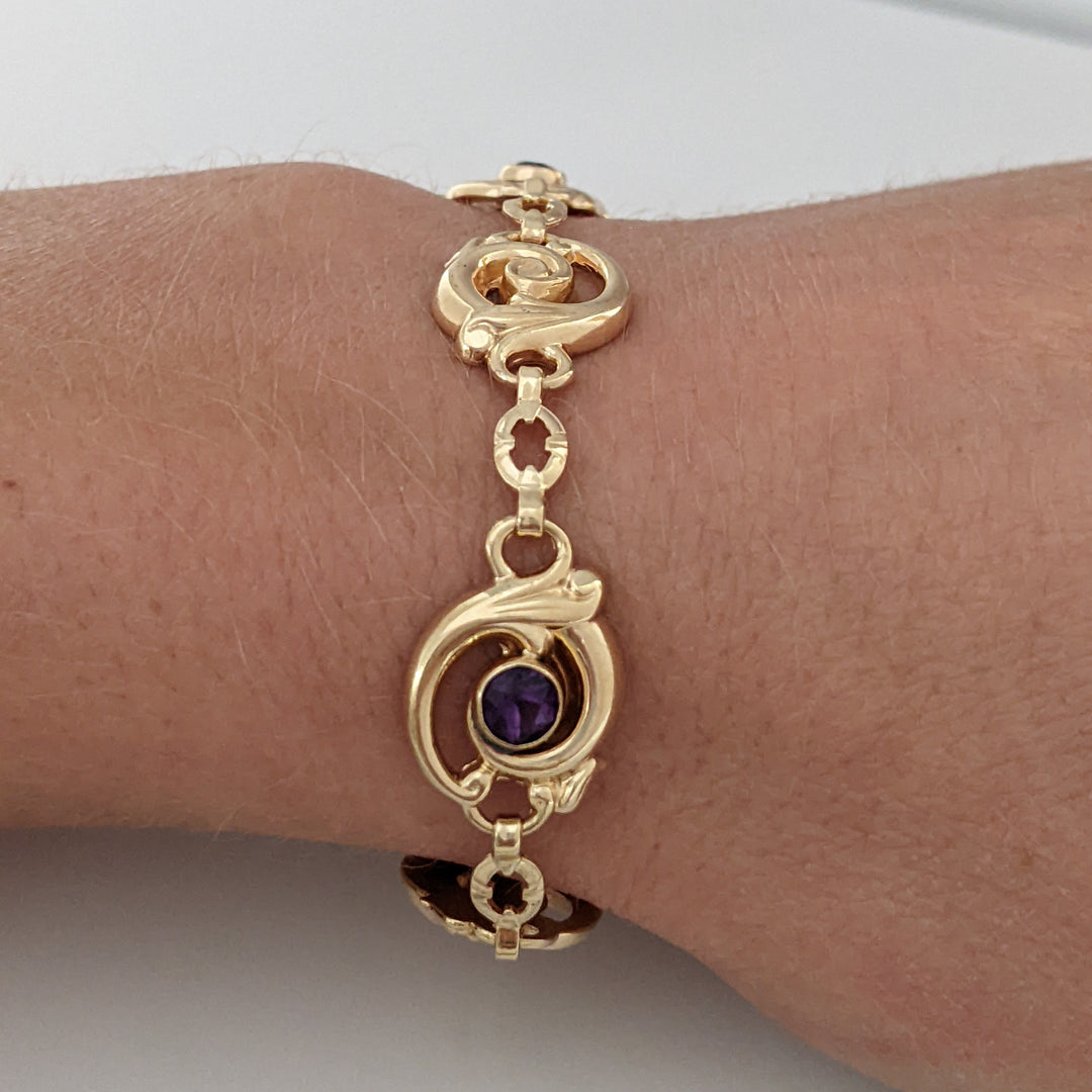 14k AMETHYST ROUND (3) BEZEL CIRCLE ESTATE BRACELET 7.8 GRAMS
