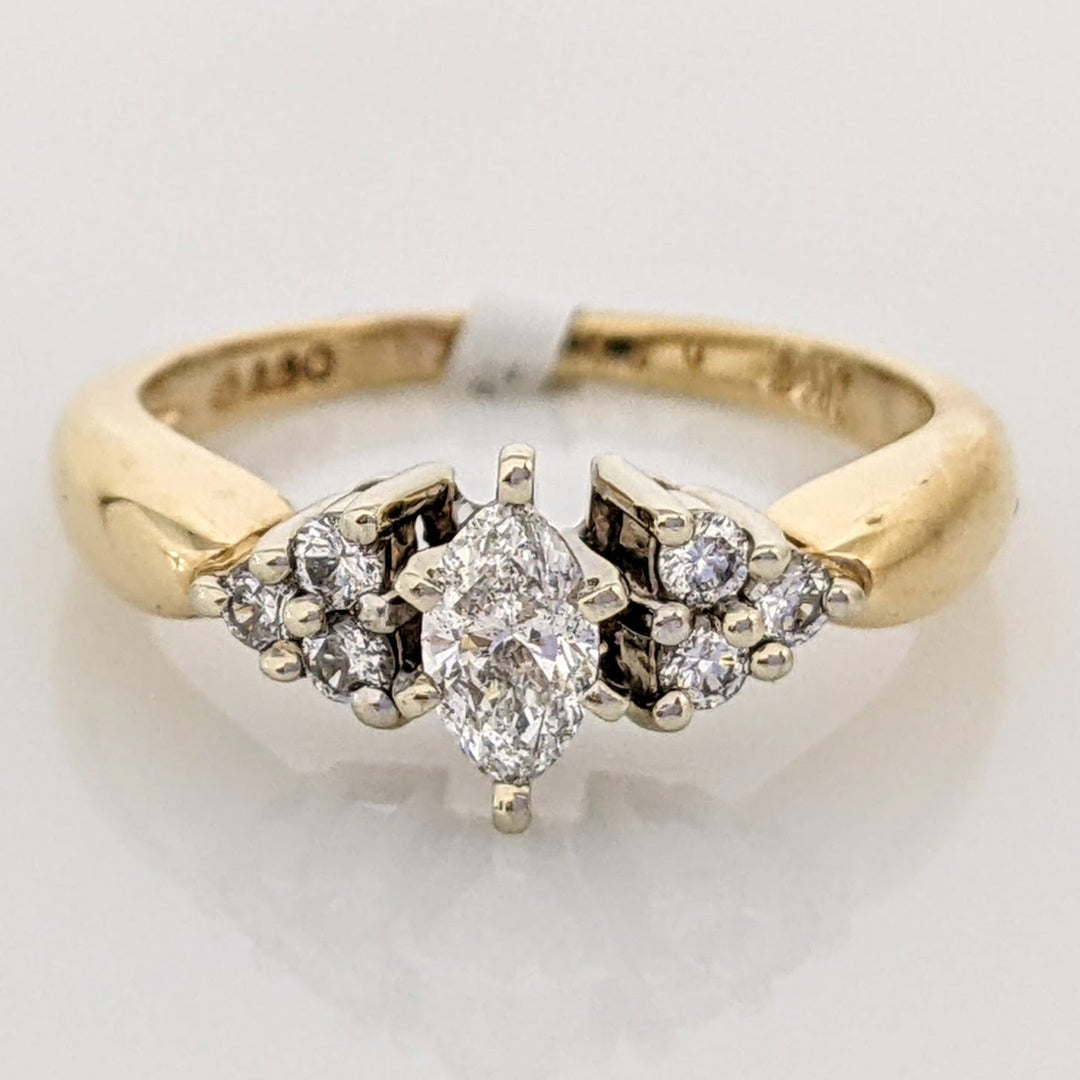 14K .47 CARAT TOTAL WEIGHT I1 E-F DIAMOND MARQUISE CUT WITH (6) ROUND ESTATE RING 3.4 GRAMS