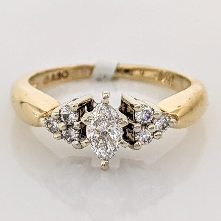 14K .47 CARAT TOTAL WEIGHT I1 E-F DIAMOND MARQUISE CUT WITH (6) ROUND ESTATE RING 3.4 GRAMS