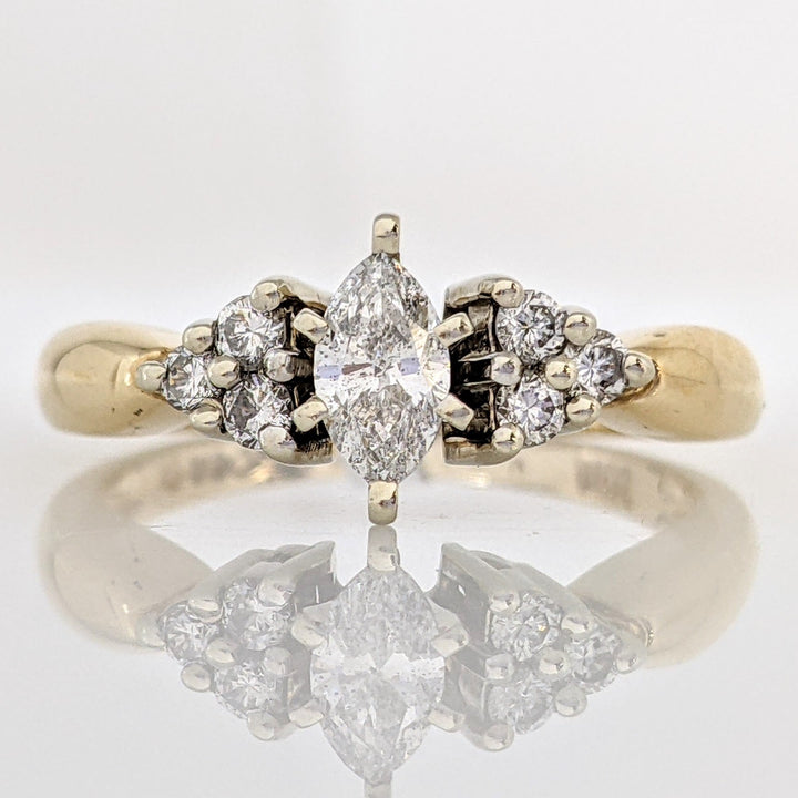 14K .47 CARAT TOTAL WEIGHT I1 E-F DIAMOND MARQUISE CUT WITH (6) ROUND ESTATE RING 3.4 GRAMS