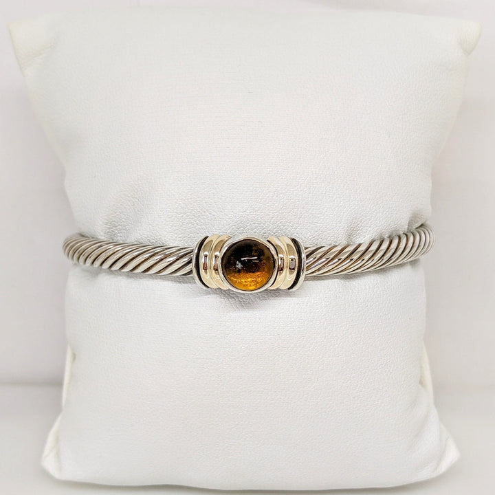 STERLING SILVER/18K CABOCHON YELLOW GEMSTONE TWIST ESTATE CUFF 22.2 GRAMS