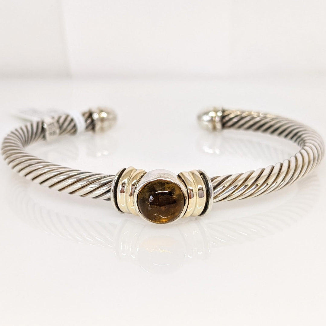 STERLING SILVER/18K CABOCHON YELLOW GEMSTONE TWIST ESTATE CUFF 22.2 GRAMS