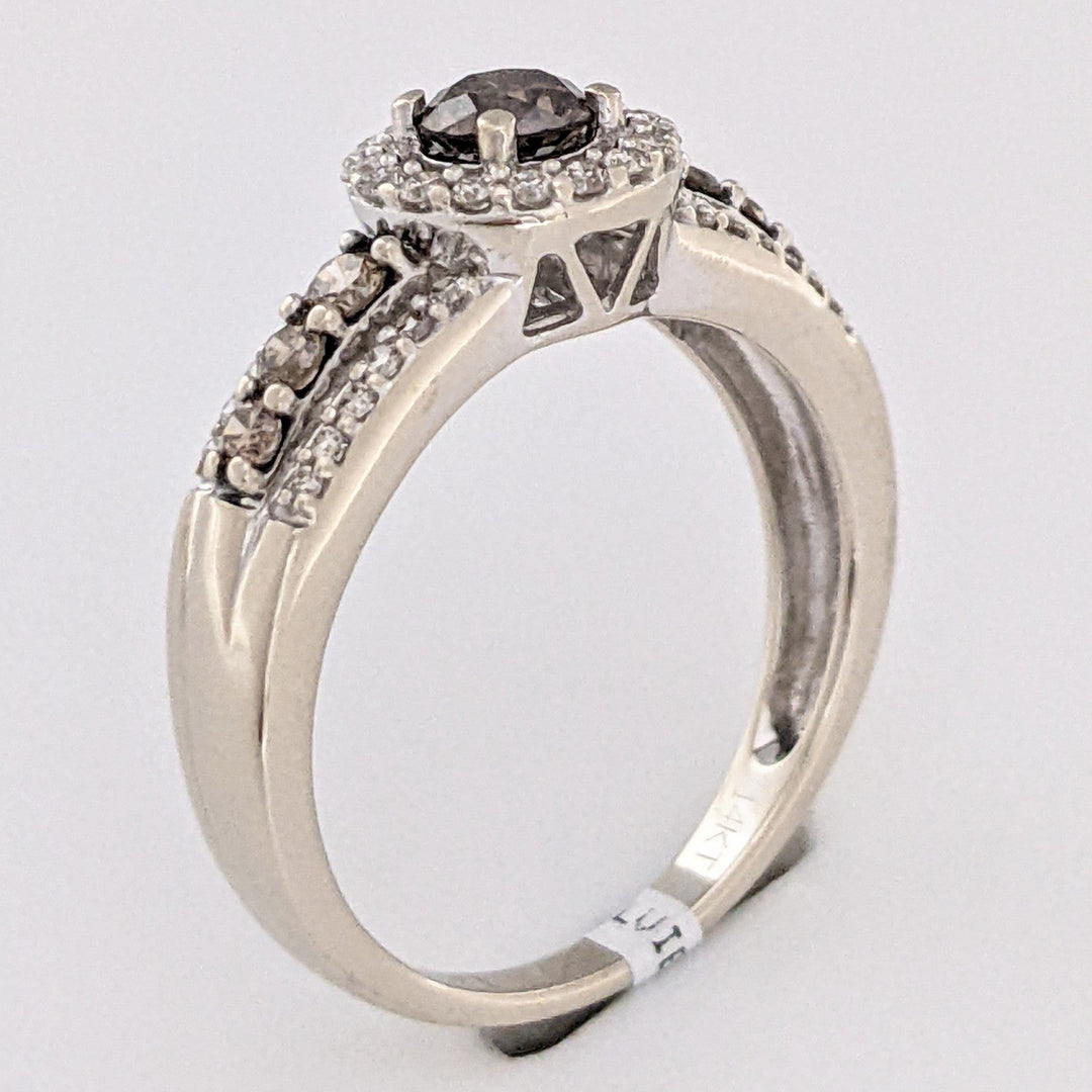 14K WHITE .76 CARAT TOTAL WEIGHT SI1 CHAMPAGNE/ I DIAMOND ROUND (48) ESTATE LEVIAN HALO RING 3.2 GRAMS