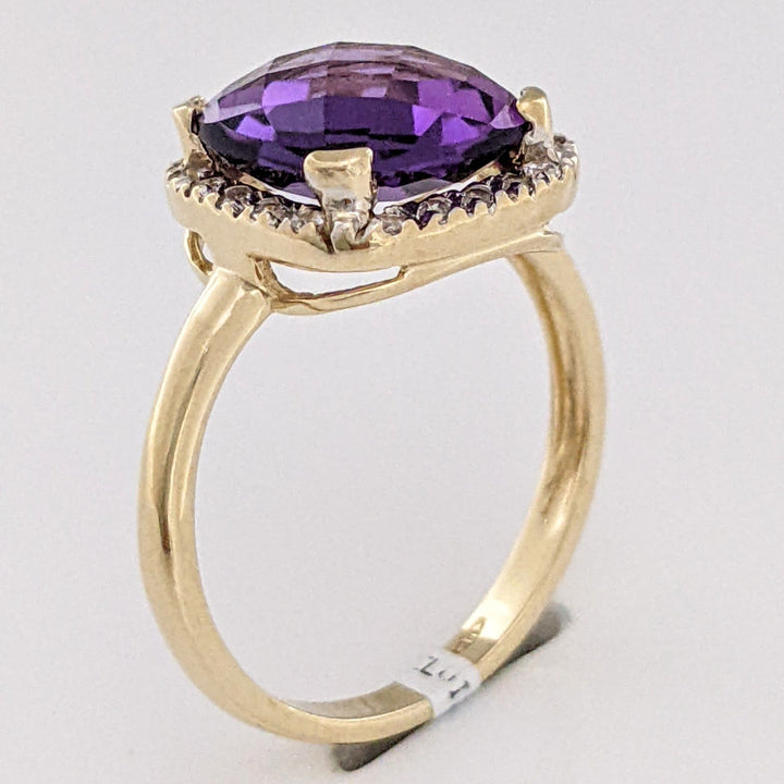 14K AMETHYST CUSHION CUT 10MM WITH MELEE HALO ESTATE RING 3.8 GRAMS