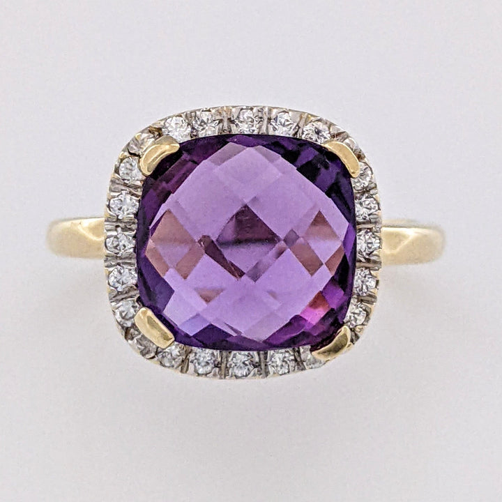 14K AMETHYST CUSHION CUT 10MM WITH MELEE HALO ESTATE RING 3.8 GRAMS