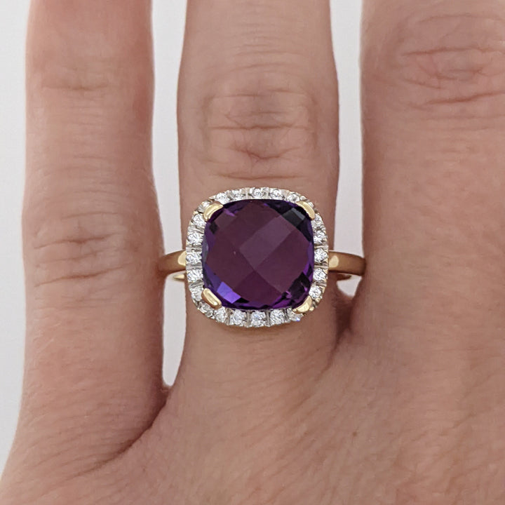14K AMETHYST CUSHION CUT 10MM WITH MELEE HALO ESTATE RING 3.8 GRAMS
