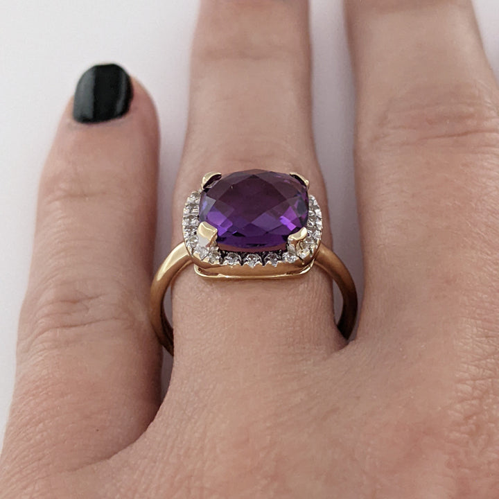 14K AMETHYST CUSHION CUT 10MM WITH MELEE HALO ESTATE RING 3.8 GRAMS