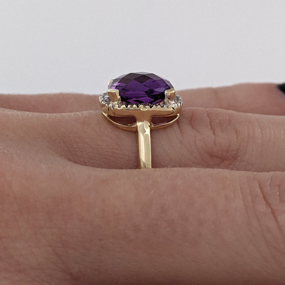 14K AMETHYST CUSHION CUT 10MM WITH MELEE HALO ESTATE RING 3.8 GRAMS