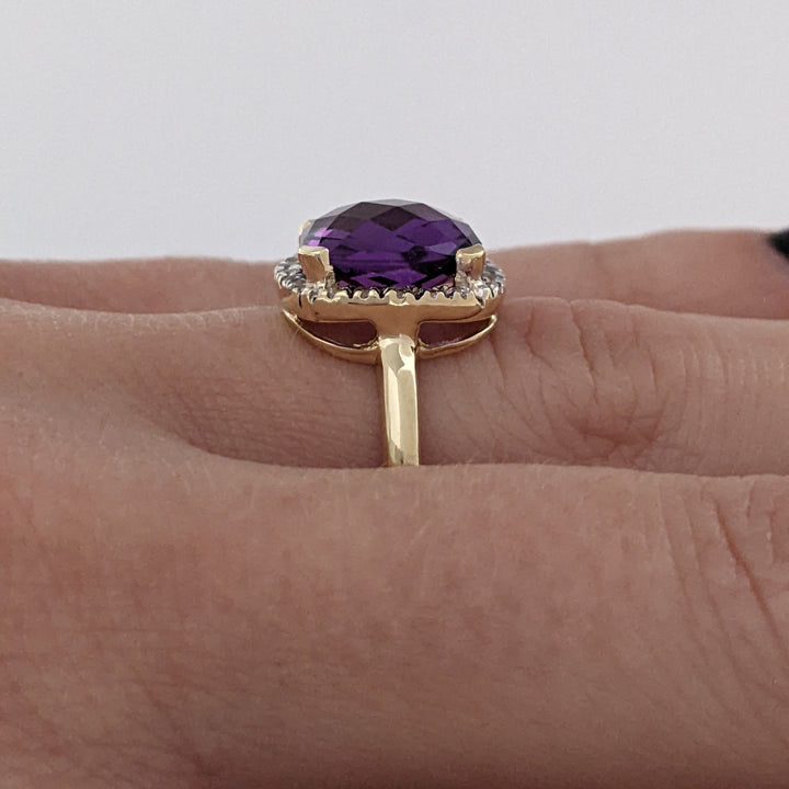 14K AMETHYST CUSHION CUT 10MM WITH MELEE HALO ESTATE RING 3.8 GRAMS