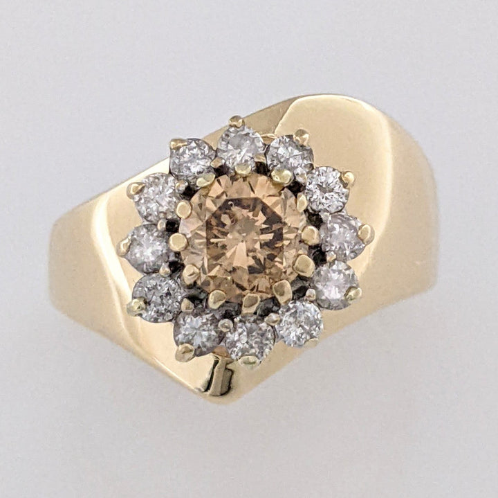 14K 1.00 CARAT TOTAL WEIGHT SI2-I2 CHAMPAGNE/ I DIAMOND ROUND (13) ESTATE CLUSTER RING 4.6 GRAMS