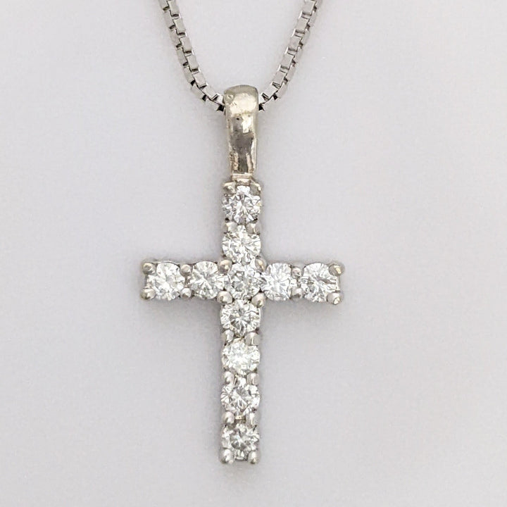 14K WHITE .44 CARAT TOTAL WEIGHT I1 I DIAMOND ROUND (11) ESTATE CROSS PENDANT & CHAIN 4.3 GRAMS