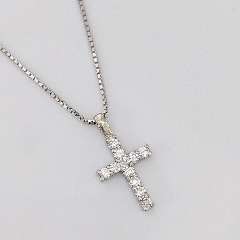 14K WHITE .44 CARAT TOTAL WEIGHT I1 I DIAMOND ROUND (11) ESTATE CROSS PENDANT & CHAIN 4.3 GRAMS