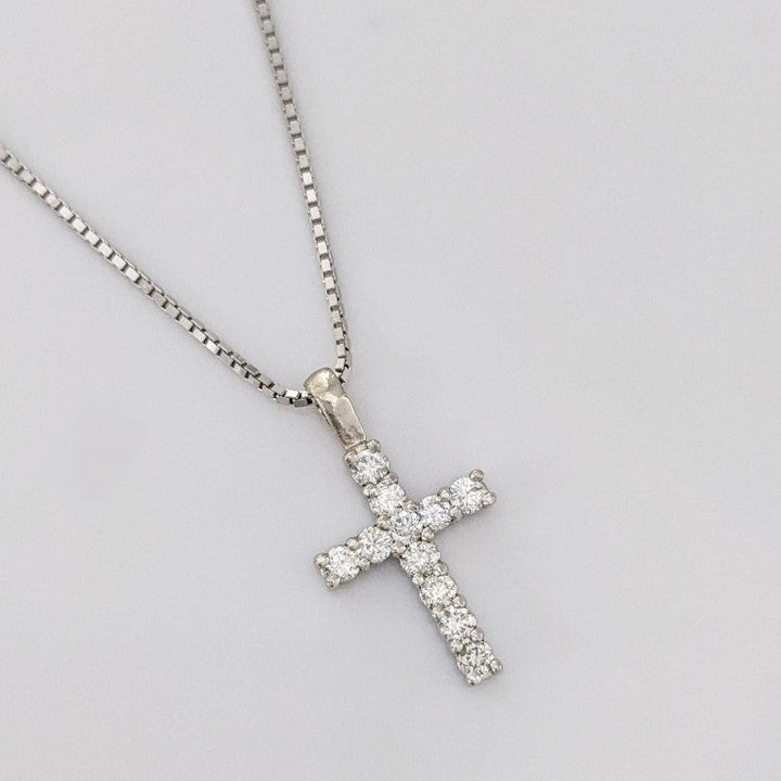 14K WHITE .44 CARAT TOTAL WEIGHT I1 I DIAMOND ROUND (11) ESTATE CROSS PENDANT & CHAIN 4.3 GRAMS