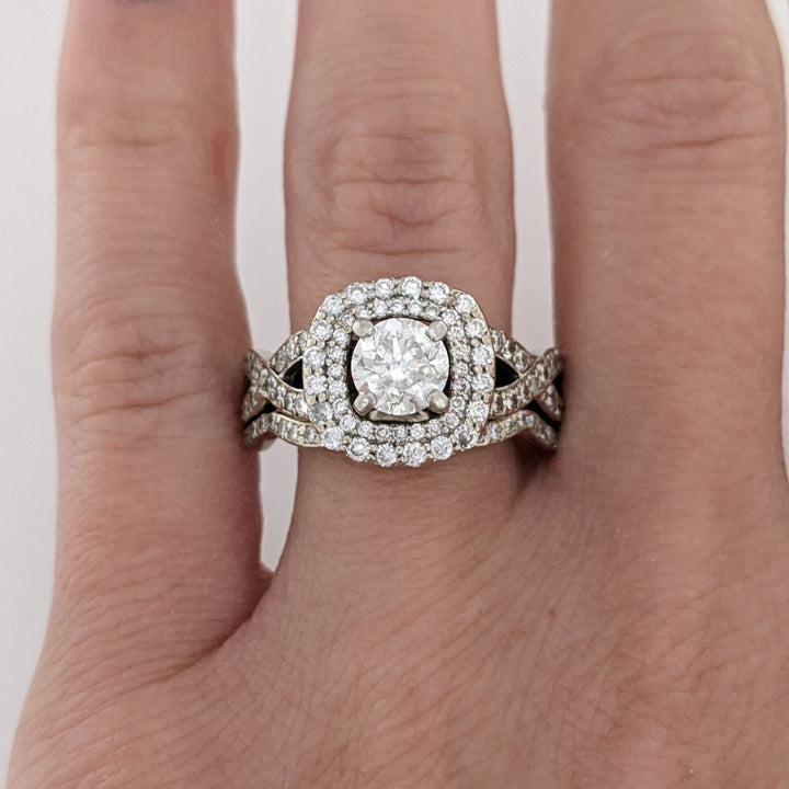 14K WHITE 1.92 CARAT TOTAL WEIGHT I1 F DIAMOND ROUND (95) ESTATE HALO RING/ BAND SET 6.9 GRAMS