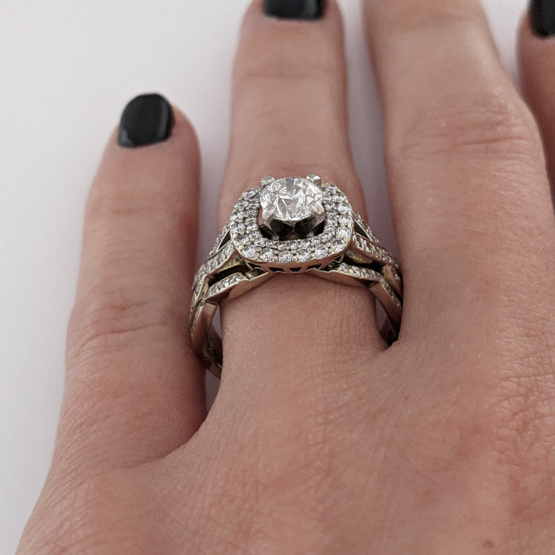 14K WHITE 1.92 CARAT TOTAL WEIGHT I1 F DIAMOND ROUND (95) ESTATE HALO RING/ BAND SET 6.9 GRAMS