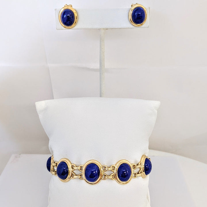 14K LAPIS CABOCHON OVAL 9X11 (11) GOLD TRIM ESTATE BRACELET/ EARRING SET 31.4 GRAMS