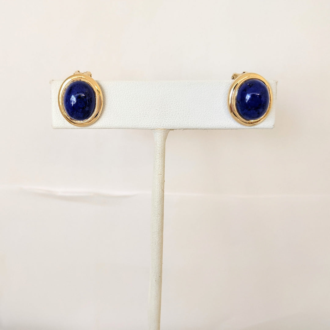 14K LAPIS CABOCHON OVAL 9X11 (11) GOLD TRIM ESTATE BRACELET/ EARRING SET 31.4 GRAMS