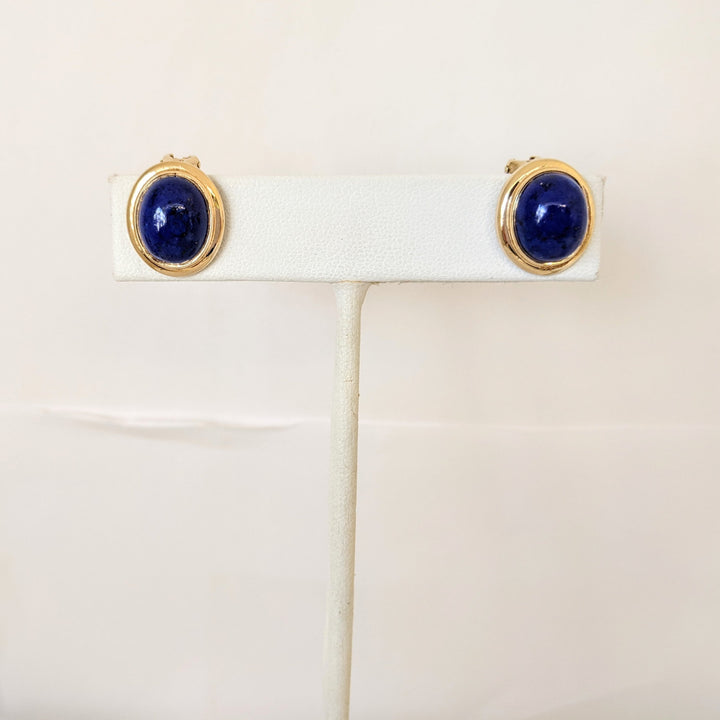 14K LAPIS CABOCHON OVAL 9X11 (11) GOLD TRIM ESTATE BRACELET/ EARRING SET 31.4 GRAMS