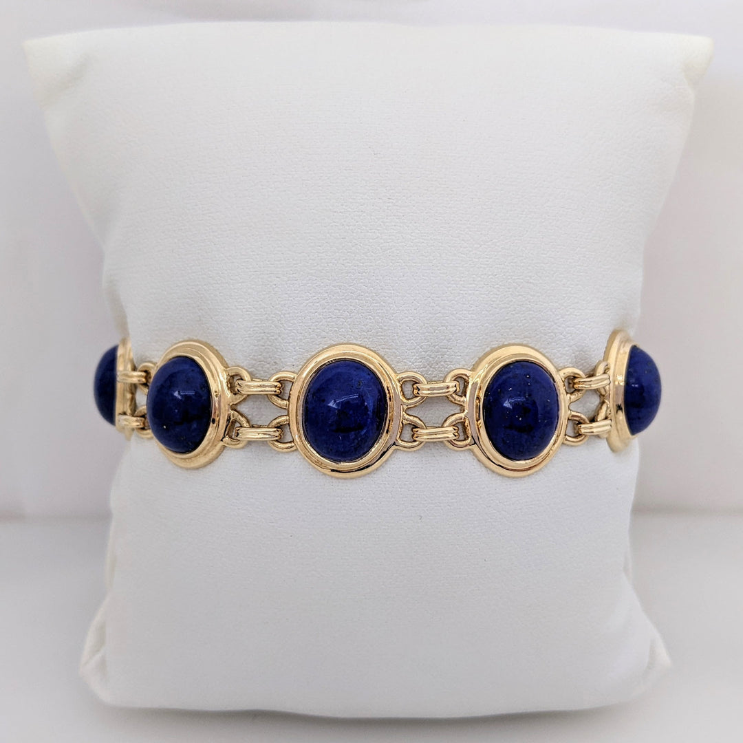 14K LAPIS CABOCHON OVAL 9X11 (11) GOLD TRIM ESTATE BRACELET/ EARRING SET 31.4 GRAMS