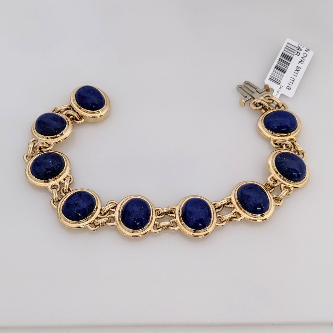 14K LAPIS CABOCHON OVAL 9X11 (11) GOLD TRIM ESTATE BRACELET/ EARRING SET 31.4 GRAMS