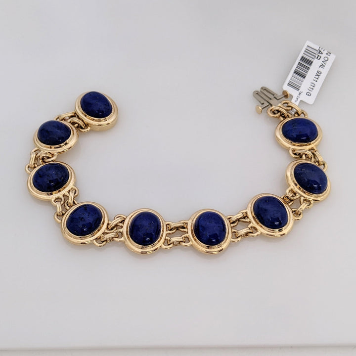 14K LAPIS CABOCHON OVAL 9X11 (11) GOLD TRIM ESTATE BRACELET/ EARRING SET 31.4 GRAMS