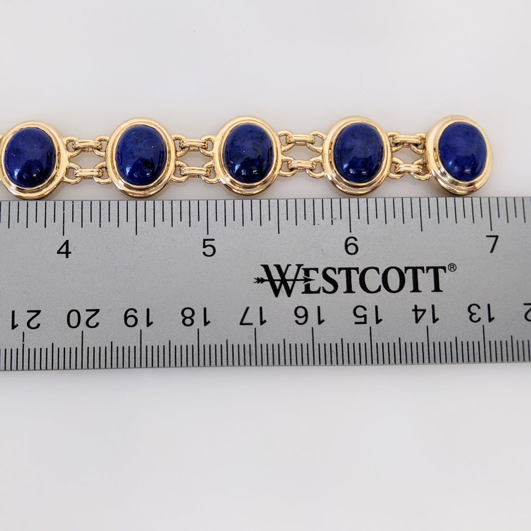 14K LAPIS CABOCHON OVAL 9X11 (11) GOLD TRIM ESTATE BRACELET/ EARRING SET 31.4 GRAMS