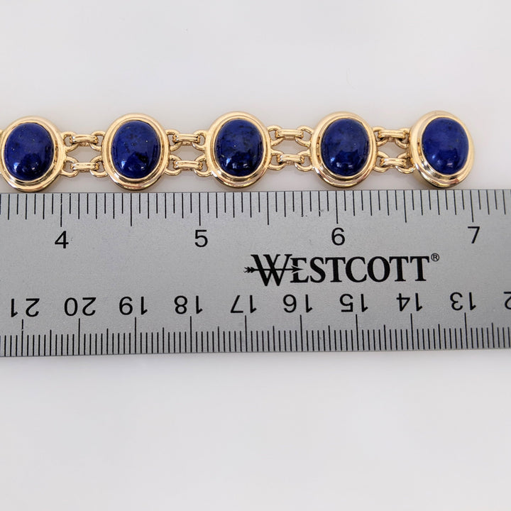 14K LAPIS CABOCHON OVAL 9X11 (11) GOLD TRIM ESTATE BRACELET/ EARRING SET 31.4 GRAMS