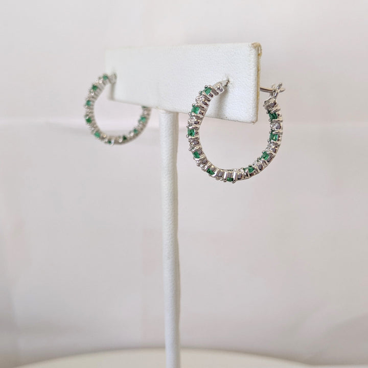 10K WHITE EMERALD ROUND (20) WITH MELEE INSIDE OUT ESTATE HOOPS 2.9 GRAMS