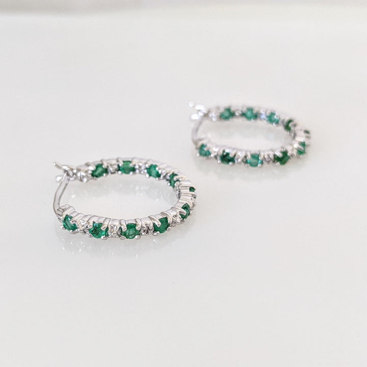 10K WHITE EMERALD ROUND (20) WITH MELEE INSIDE OUT ESTATE HOOPS 2.9 GRAMS