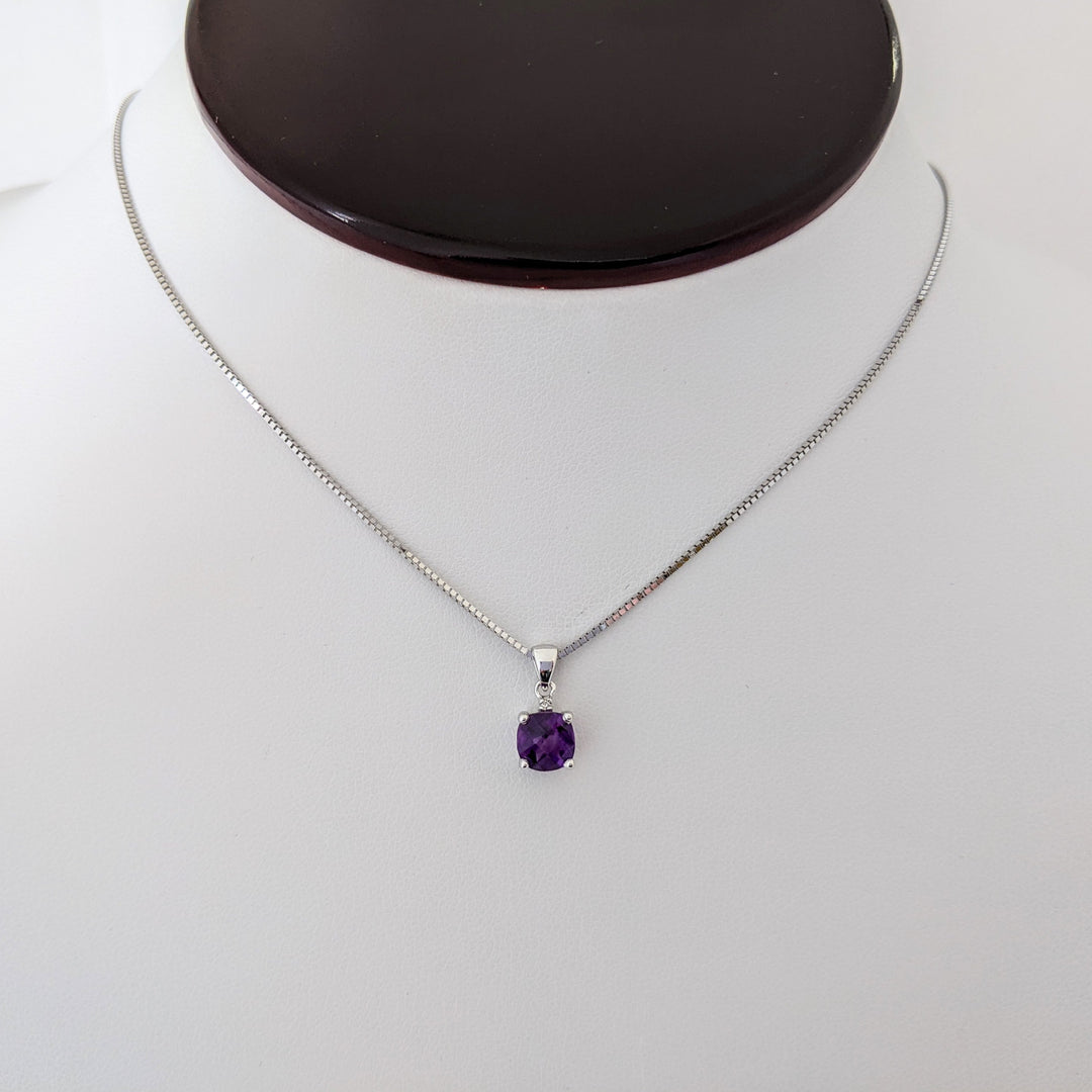 14K WHITE AMETHYST CUSHION CUT 6MM WITH MELEE ESTATE PENDANT & CHAIN 2.5 GRAMS