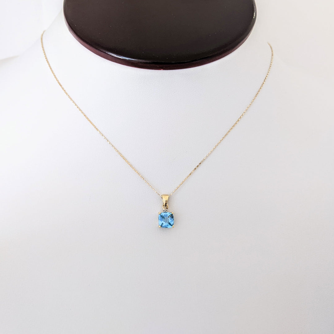 14K BLUE TOPAZ CUSHION CUT 6MM WITH MELEE ESTATE PENDANT & CHAIN 1.3 GRAMS