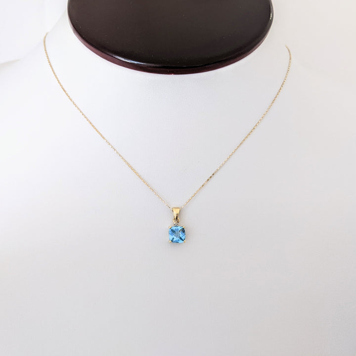 14K BLUE TOPAZ CUSHION CUT 6MM WITH MELEE ESTATE PENDANT & CHAIN 1.3 GRAMS
