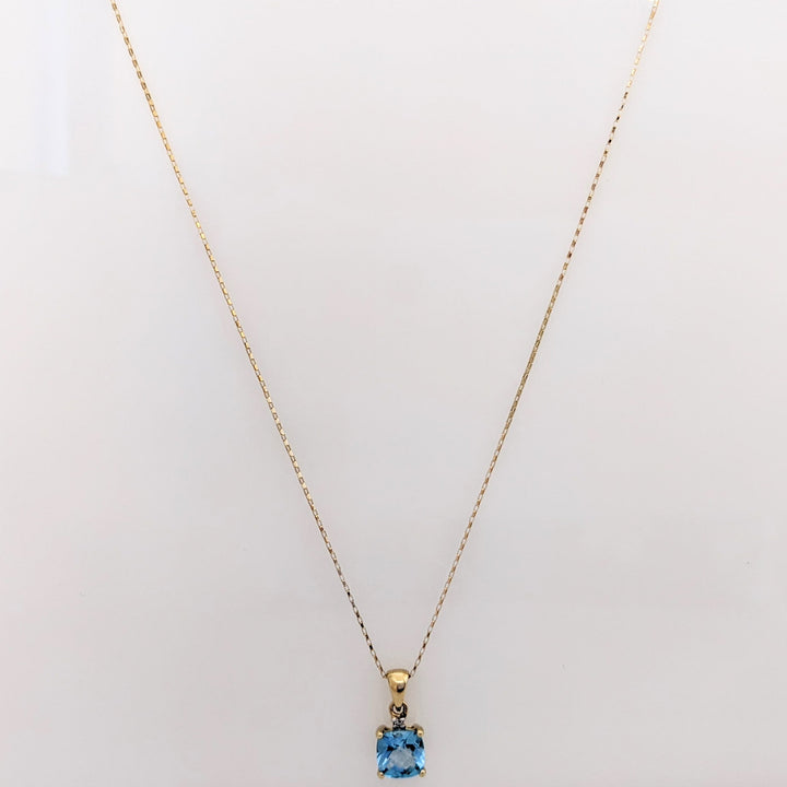 14K BLUE TOPAZ CUSHION CUT 6MM WITH MELEE ESTATE PENDANT & CHAIN 1.3 GRAMS