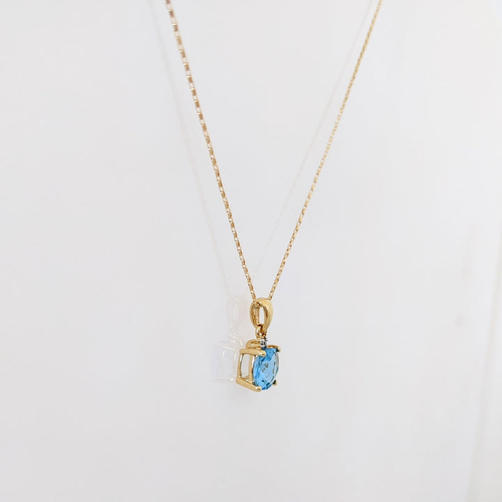 14K BLUE TOPAZ CUSHION CUT 6MM WITH MELEE ESTATE PENDANT & CHAIN 1.3 GRAMS
