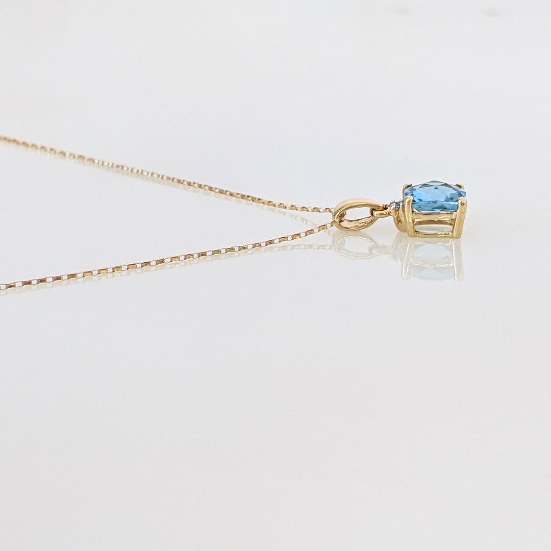 14K BLUE TOPAZ CUSHION CUT 6MM WITH MELEE ESTATE PENDANT & CHAIN 1.3 GRAMS