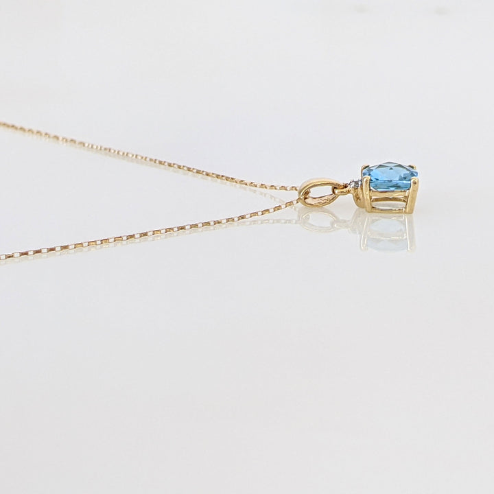 14K BLUE TOPAZ CUSHION CUT 6MM WITH MELEE ESTATE PENDANT & CHAIN 1.3 GRAMS